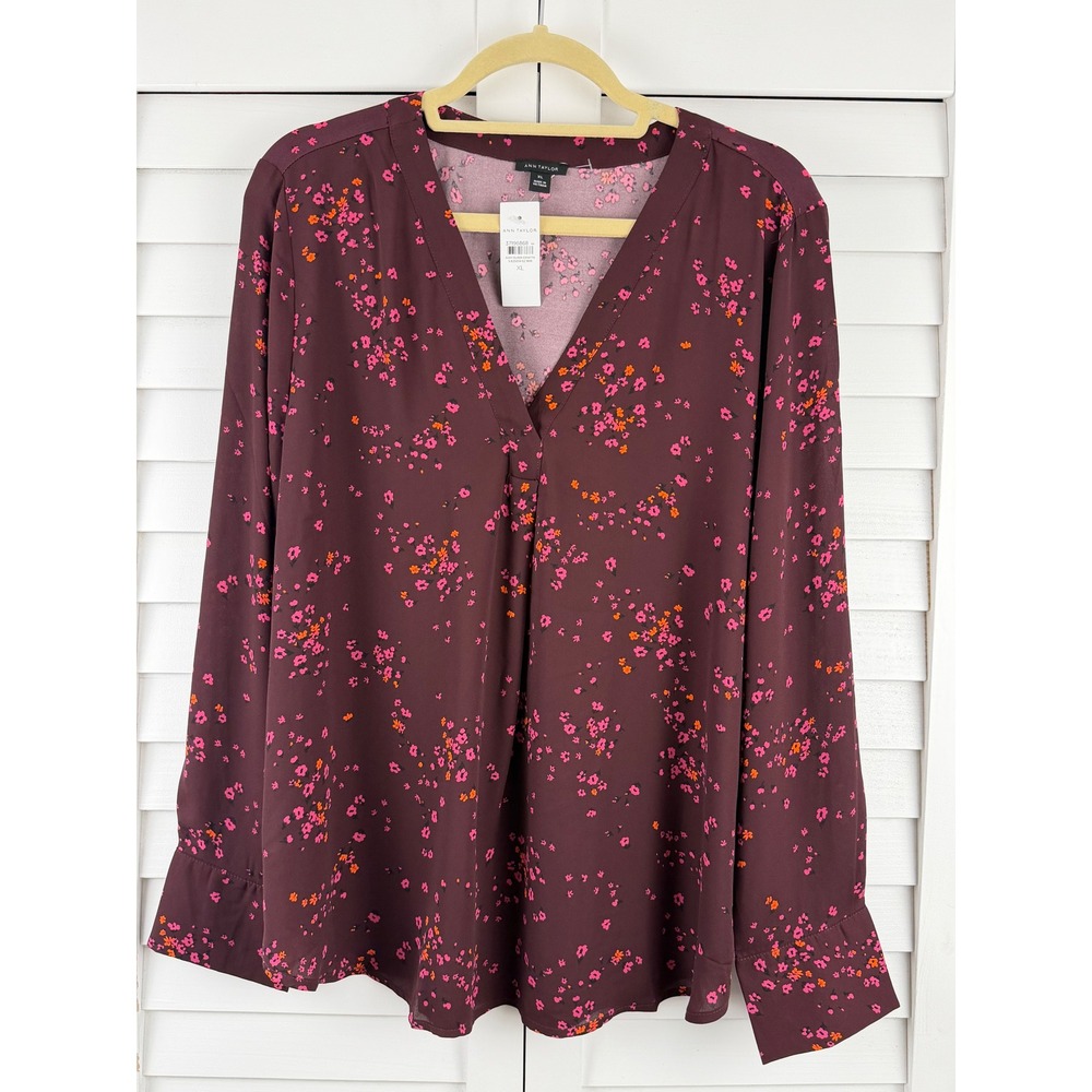 Ann Taylor Blouse XL Burgundy Floral V-Neck Long Sleeve Mixed Media NEW